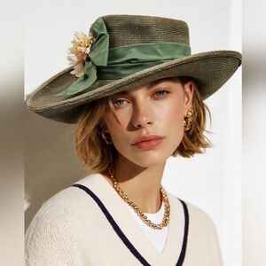 Marina Killery Elegant Green Wide-Brim Derby Hat with Floral Accent